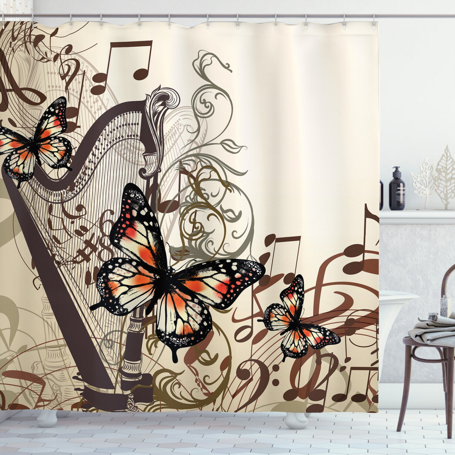 Harp Ornament Butterfly Print Brown Shower Curtain For Bathroom