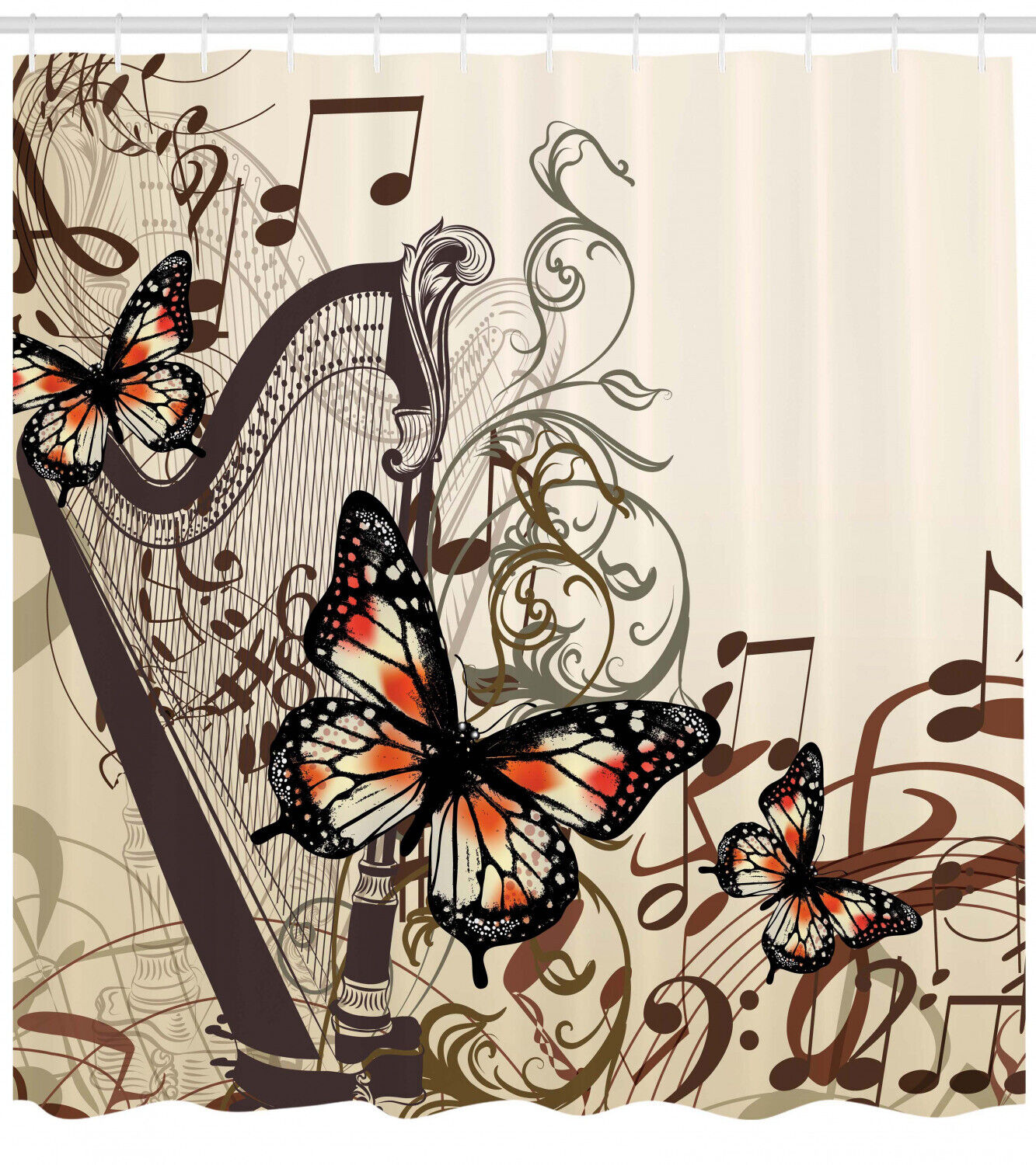 Harp Ornament Butterfly Print Brown Shower Curtain For Bathroom - Image 2