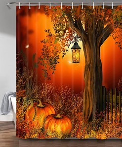 Harvest Pumpkin Shower Curtain, Autumn Leaves Farmhouse Bathroom Decor 