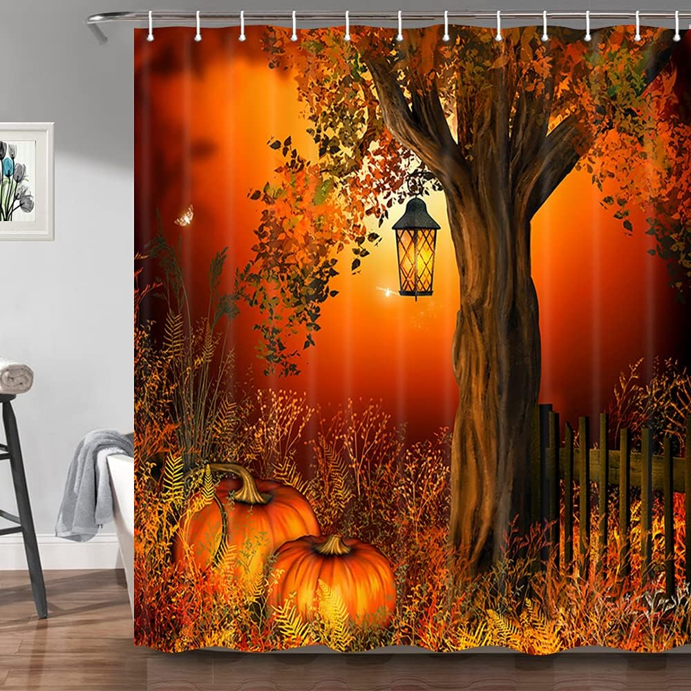 Harvest Pumpkin Shower Curtain, Autumn Leaves Farmhouse Bathroom Decor