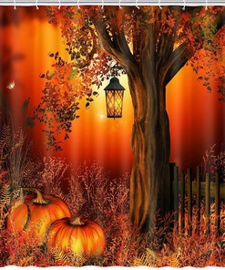 Harvest Pumpkin Shower Curtain, Autumn Leaves Farmhouse Bathroom Decor
