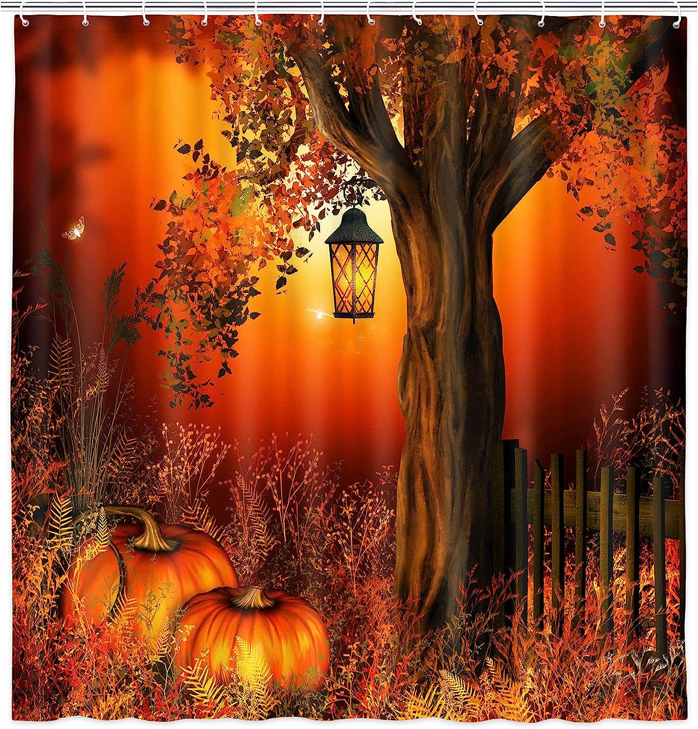 Harvest Pumpkin Shower Curtain, Autumn Leaves Farmhouse Bathroom Decor
