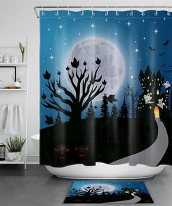 Haunted Castle Of Spooky Halloween Night Under Full Moon Shower Curtain