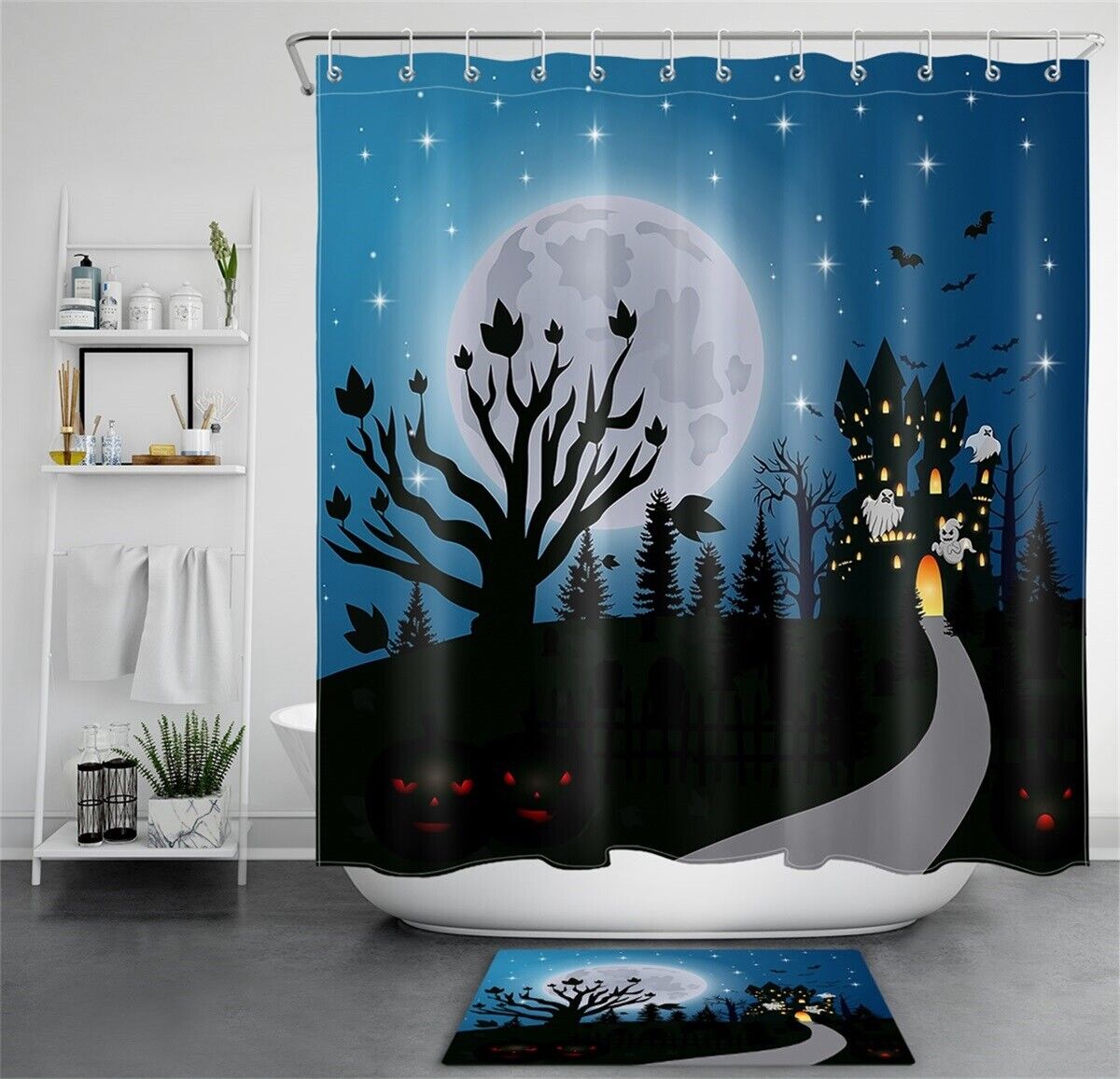 Haunted Castle Of Spooky Halloween Night Under Full Moon Shower Curtain