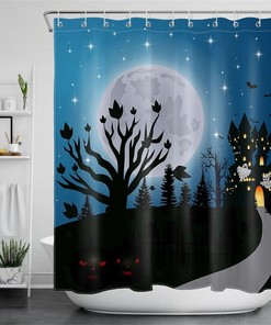Haunted Castle Of Spooky Halloween Night Under Full Moon Shower Curtain