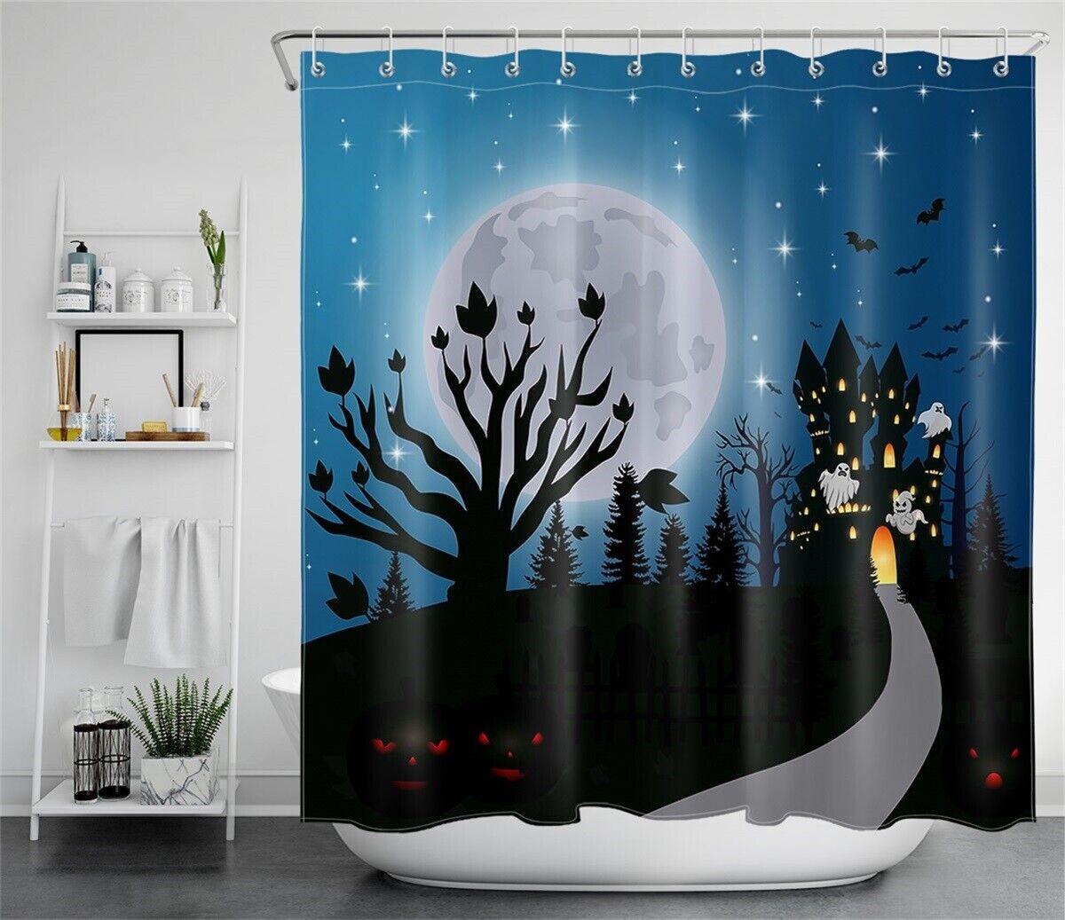 Haunted Castle Of Spooky Halloween Night Under Full Moon Shower Curtain