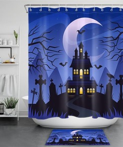 Haunted House Of Halloween Night Under Full Moon And Graves Shower Curtain