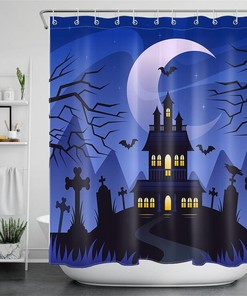 Haunted House Of Halloween Night Under Full Moon And Graves Shower Curtain