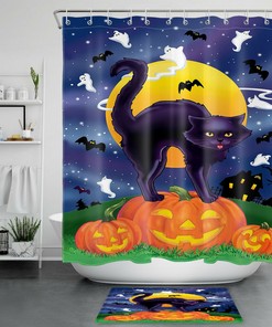 Haunting Black Cat Pumpkin Halloween Moon Ghost Bats Shower Curtain For Spooky Bathroom Decor