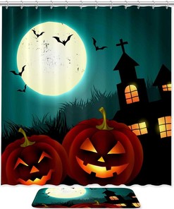 Haunting Halloween Pumpkin Under Full Moon Waterproof Shower Curtain