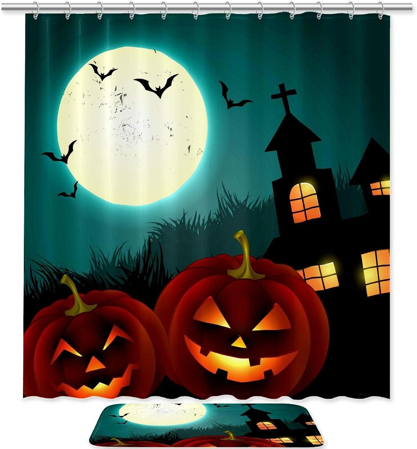 Haunting Halloween Pumpkin Under Full Moon Waterproof Shower Curtain