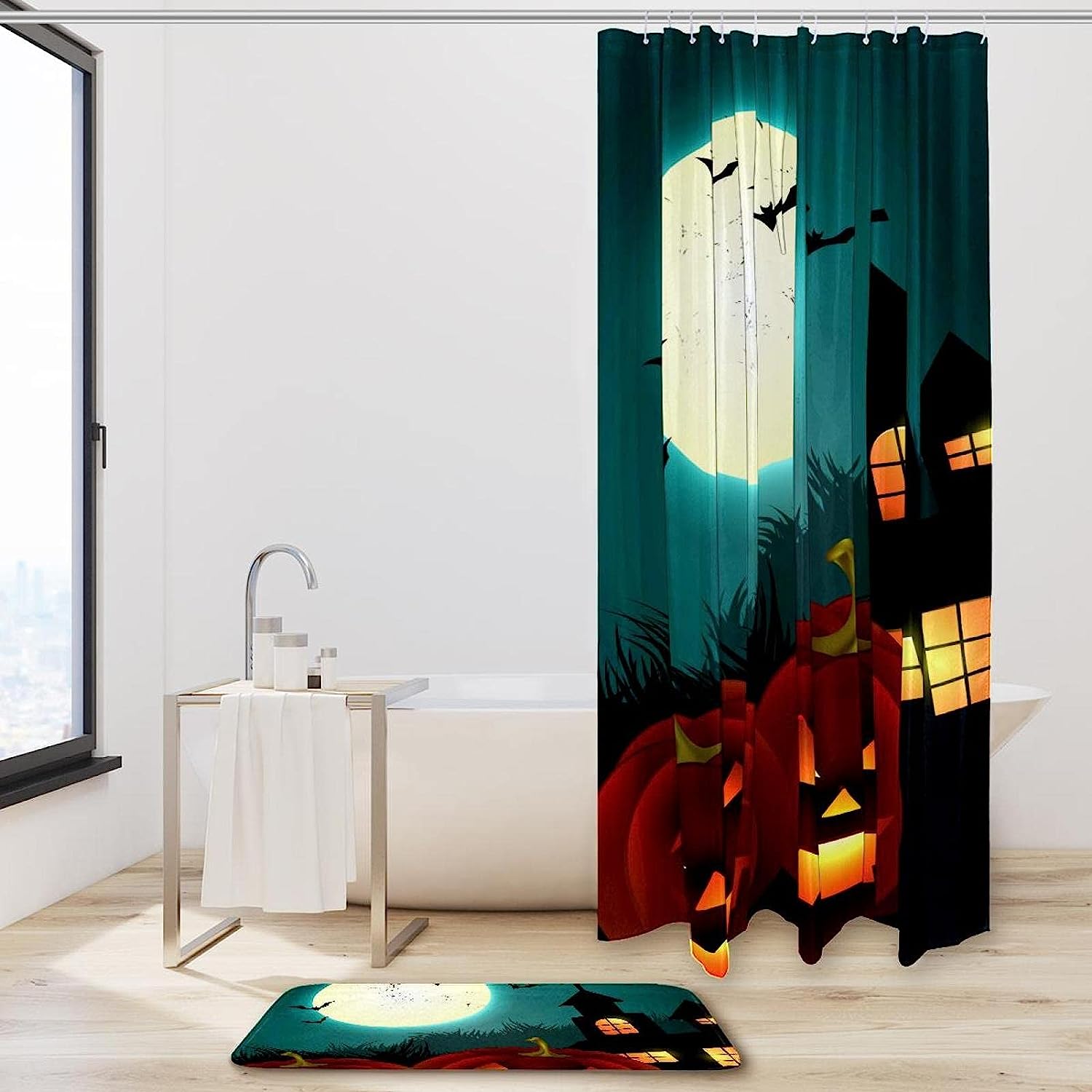 Haunting Halloween Pumpkin Under Full Moon Waterproof Shower Curtain