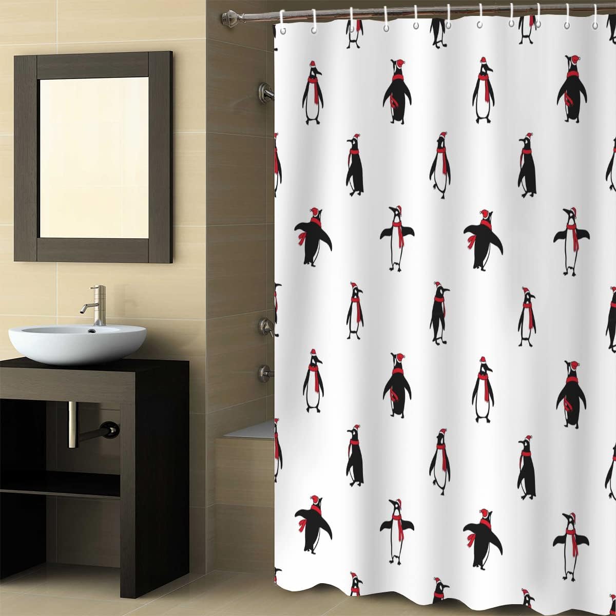 Have A Cute And Festive Christmas Penguin Shower Curtain In Your Bathroom, Waterproof And Machine Washable