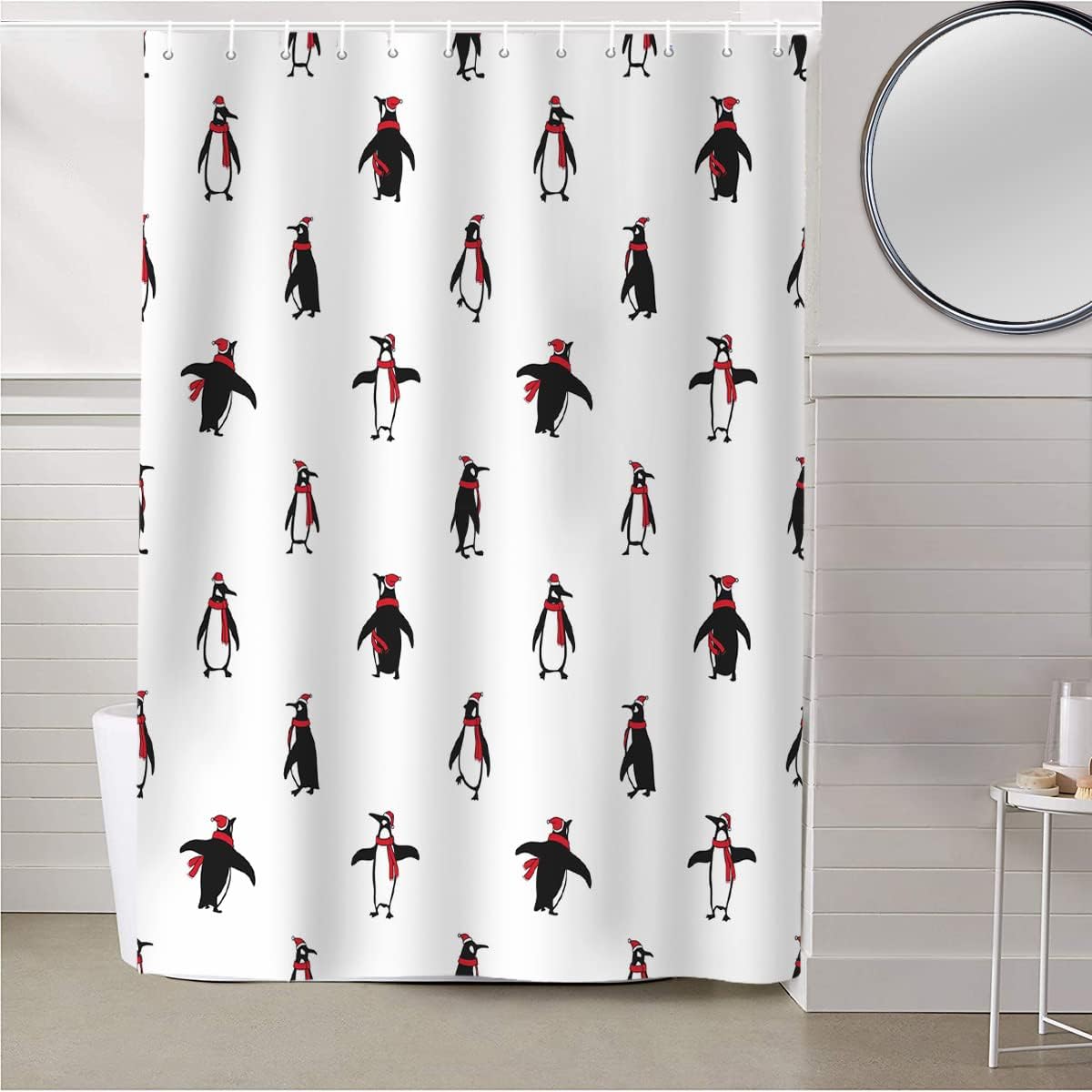 Have A Cute And Festive Christmas Penguin Shower Curtain In Your Bathroom, Waterproof And Machine Washable