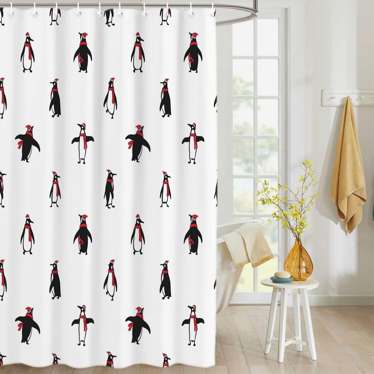 Have A Cute And Festive Christmas Penguin Shower Curtain In Your Bathroom, Waterproof And Machine Washable