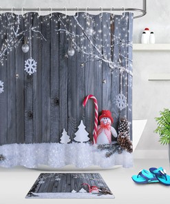 Have A White Xmas With This Grey Wood Wall Snowman Snowflake Cloth Shower Curtain For Your Bathroom Decor