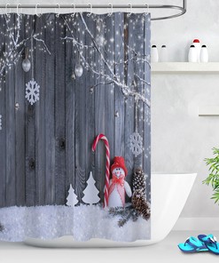 Have A White Xmas With This Grey Wood Wall Snowman Snowflake Cloth Shower Curtain For Your Bathroom Decor