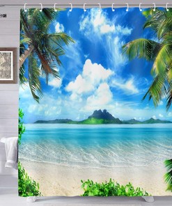 Hawaii Beach Shower Curtain Tropical Seaside Island Palm Trees Blue Sea Luau Bath House Decor