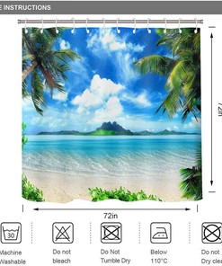 Hawaii Beach Shower Curtain Tropical Seaside Island Palm Trees Blue Sea Luau Bath House Decor