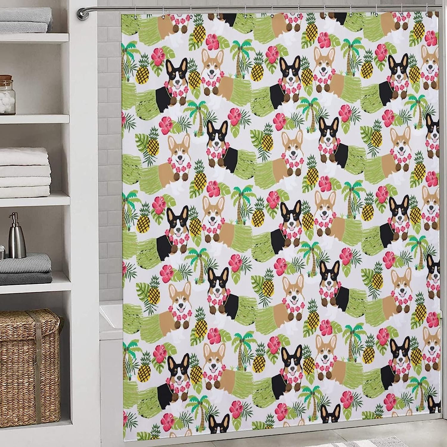 Hawaii Corgi Dog Shower Curtain Funny Fashion Bath Curtain For Bathroom