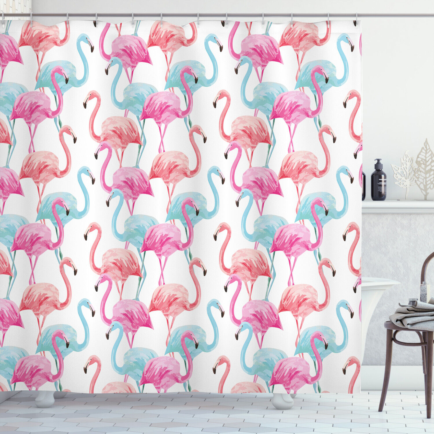 Hawaii Flamingos Watercolor Shower Curtain, Tropical Bathroom Decor