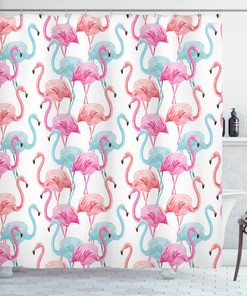 Hawaii Flamingos Watercolor Shower Curtain, Tropical Bathroom Decor