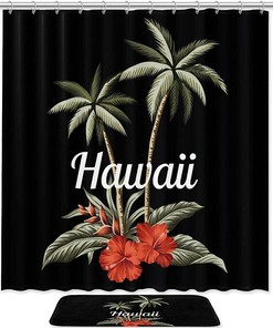 Hawaii Red Hibiscus Shower Curtain, Palm Banana Leaves Design, Fabric Liner for Bathroom