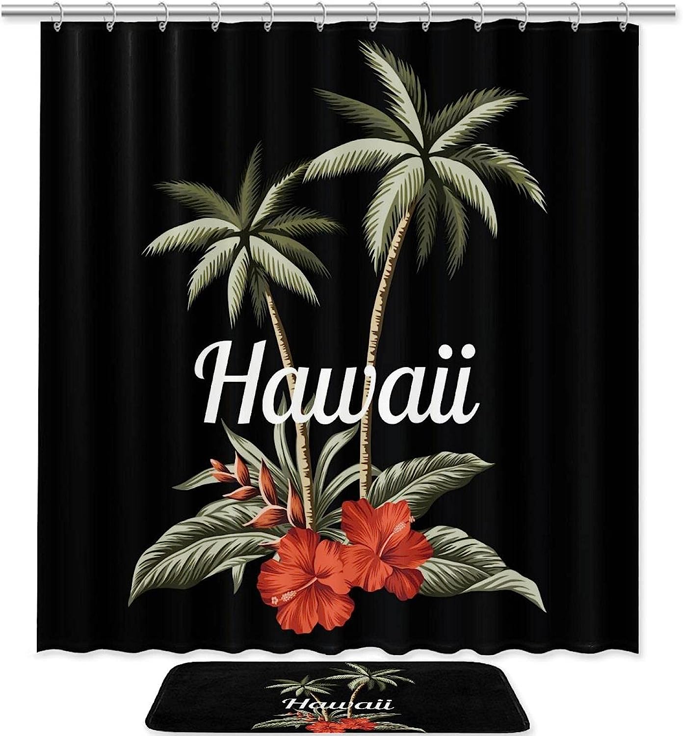 Hawaii Red Hibiscus Shower Curtain, Palm Banana Leaves Design, Fabric Liner for Bathroom