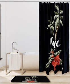 Hawaii Red Hibiscus Shower Curtain, Palm Banana Leaves Design, Fabric Liner for Bathroom