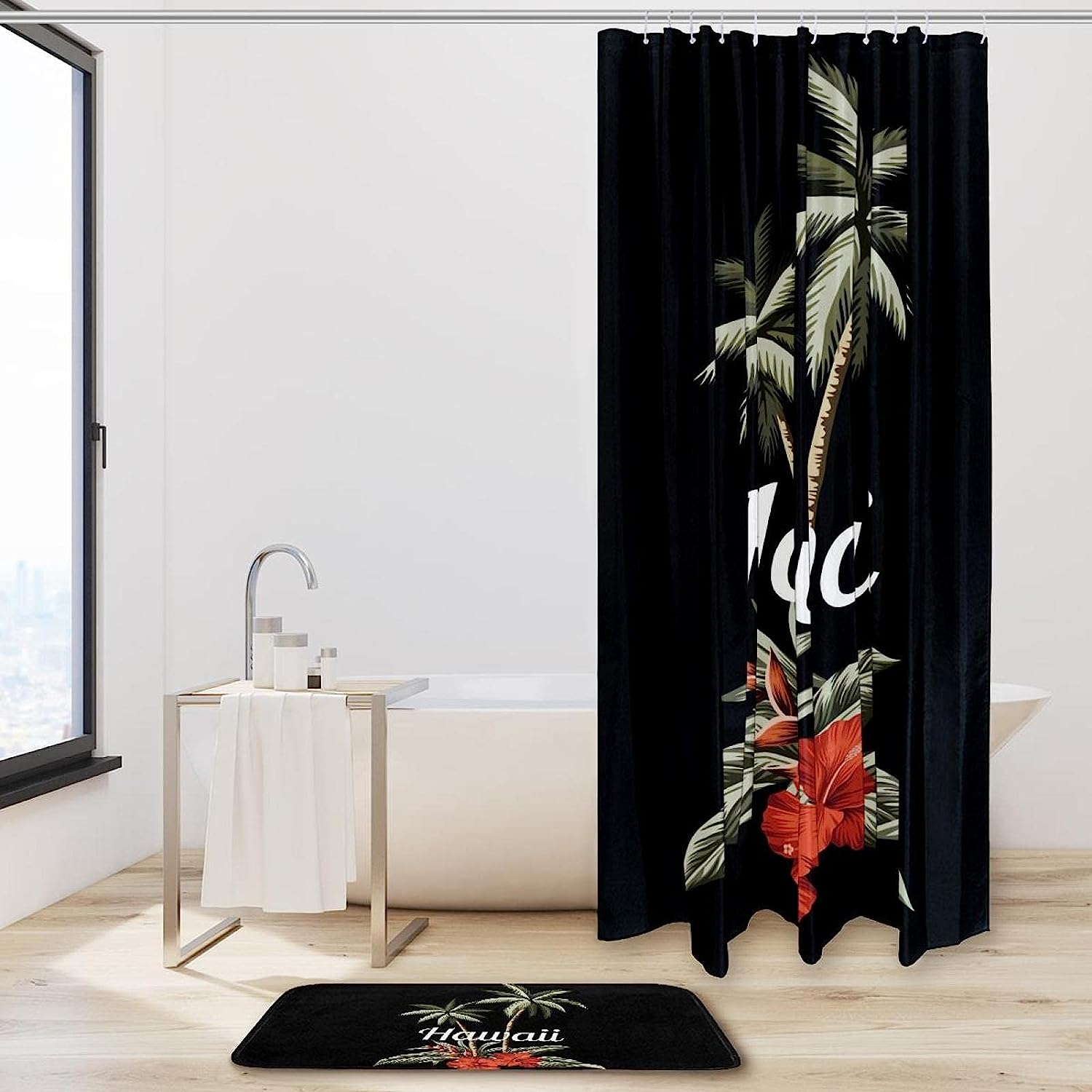 Hawaii Red Hibiscus Shower Curtain, Palm Banana Leaves Design, Fabric Liner for Bathroom