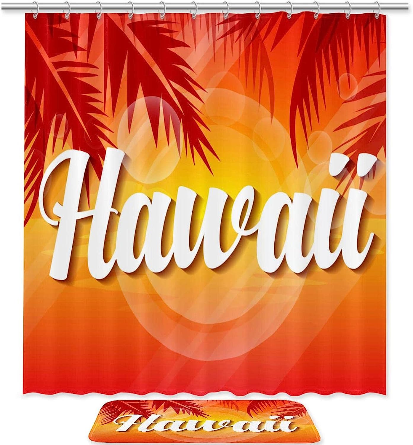 Hawaii Sunset Printed Bathroom Tub Set With Waterproof Fabric Shower Curtain