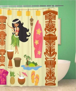Hawaii Symbols Including Hula Dancer and Tiki Gods Shower Curtain