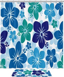 Hawaiian Hibiscus Floral Blue Purple Printed Bathroom Tub Set With Waterproof Fabric Shower Curtain