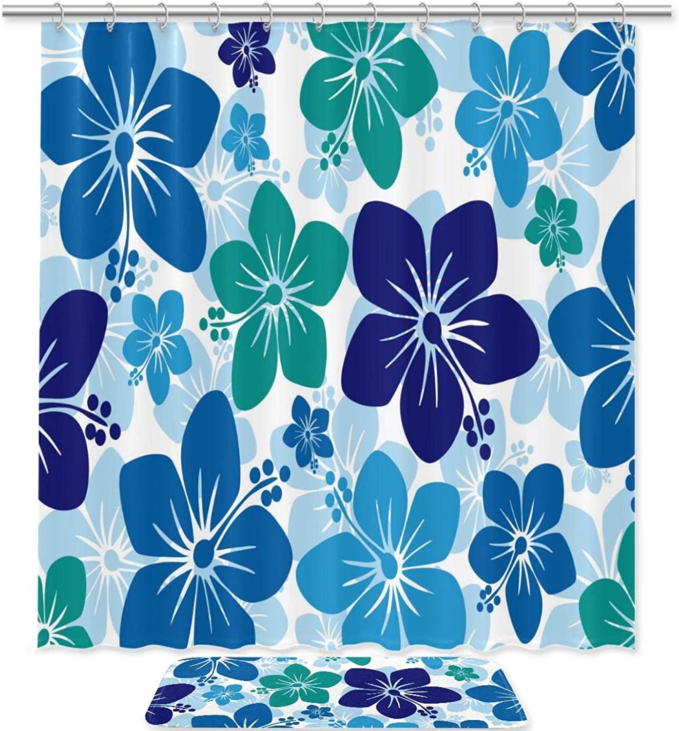 Hawaiian Hibiscus Floral Blue Purple Printed Bathroom Tub Set With Waterproof Fabric Shower Curtain