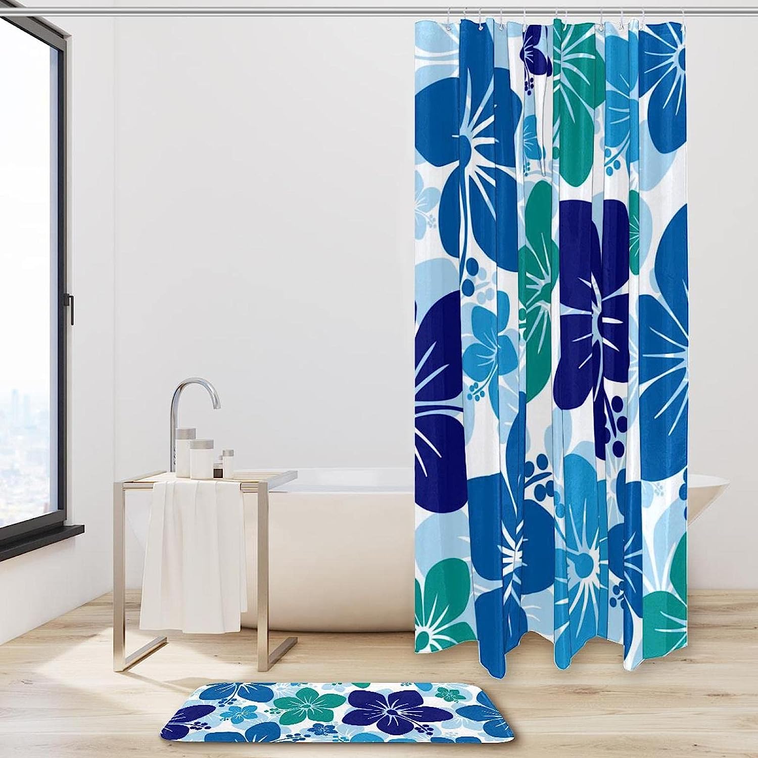 Hawaiian Hibiscus Floral Blue Purple Printed Bathroom Tub Set With Waterproof Fabric Shower Curtain - Image 2