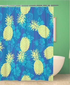 Hawaiian Hibiscus and Pineapple Shower Curtain with Aloha Design - Waterproof Fabric Bathroom Decor