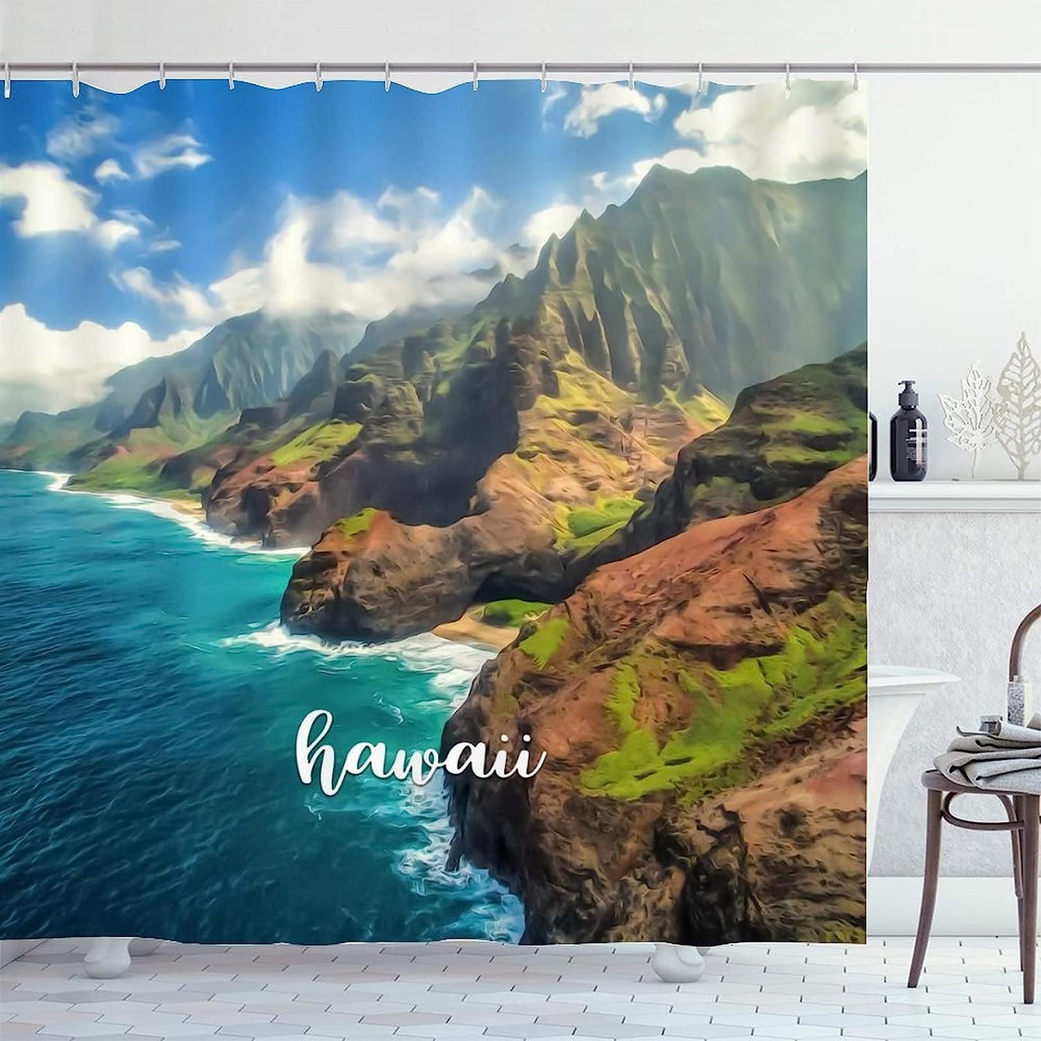 Hawaiian Landmark Shower Curtain with Scenic Painting Print
