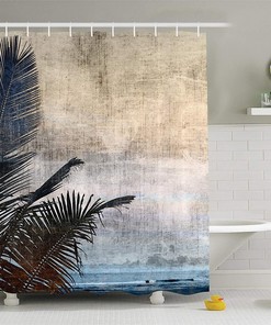 Hawaiian Palm Tree Shower Curtain with Vintage Waterscape for Bathroom