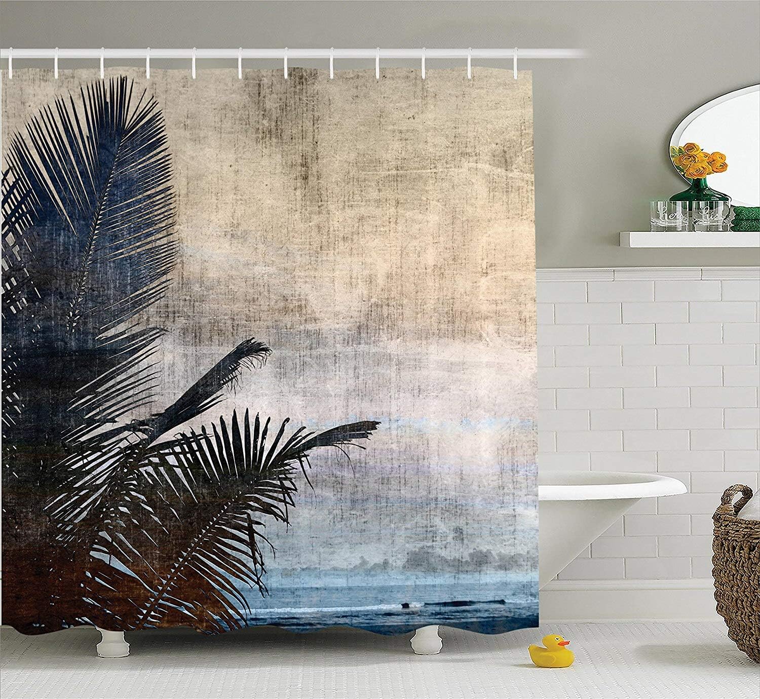 Hawaiian Palm Tree Shower Curtain with Vintage Waterscape for Bathroom
