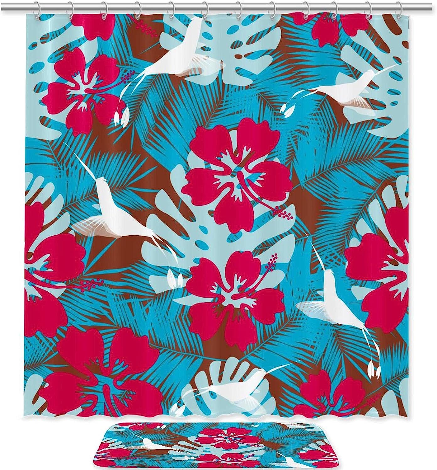 Hawaiian Plumeria Printed Bathroom Tub Set With Waterproof Fabric Shower Curtain