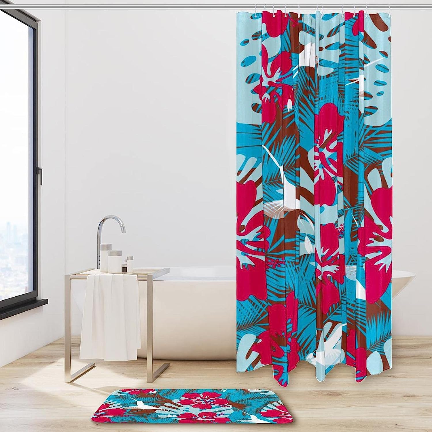 Hawaiian Plumeria Printed Bathroom Tub Set With Waterproof Fabric Shower Curtain - Image 2