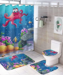 Hawaiian Sea Octopus Tropical Shower Curtain, Waterproof Bathroom Decor by Vantaso
