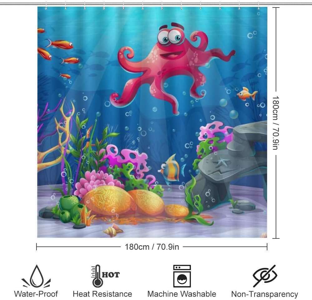 Hawaiian Sea Octopus Tropical Shower Curtain, Waterproof Bathroom Decor by Vantaso