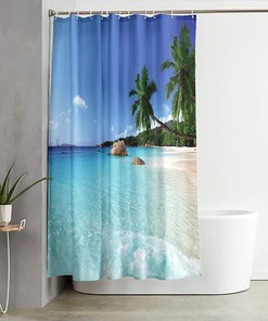 Hawaiian Seaview Shower Curtain Blue Holiday Theme Bathroom Decor Waterproof Fabric Curtain