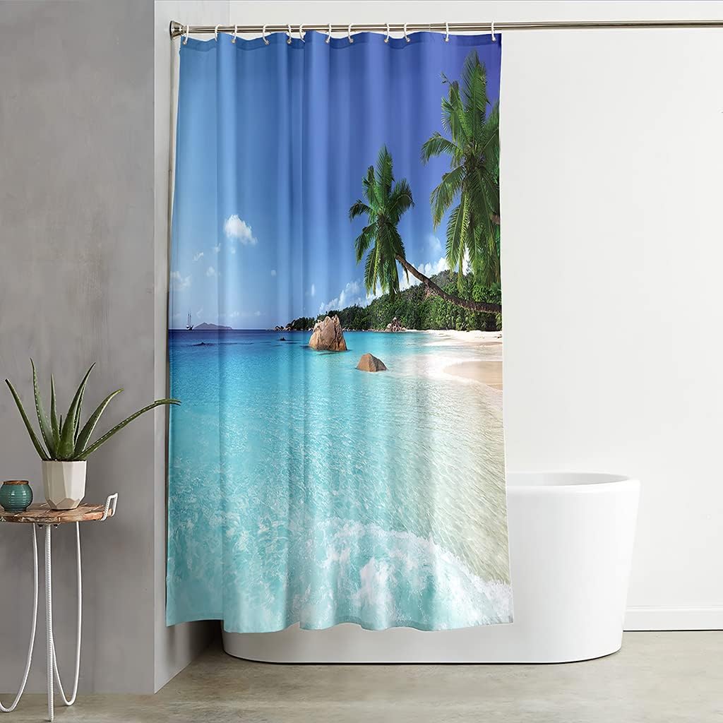 Hawaiian Seaview Shower Curtain Blue Holiday Theme Bathroom Decor Waterproof Fabric Curtain