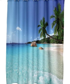 Hawaiian Seaview Shower Curtain Blue Holiday Theme Bathroom Decor Waterproof Fabric Curtain