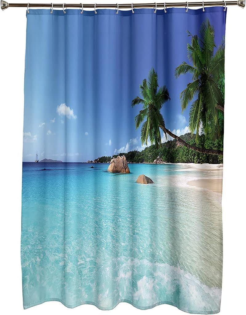 Hawaiian Seaview Shower Curtain Blue Holiday Theme Bathroom Decor Waterproof Fabric Curtain