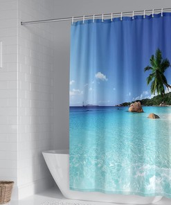 Hawaiian Seaview Shower Curtain Blue Holiday Theme Bathroom Decor Waterproof Fabric Curtain