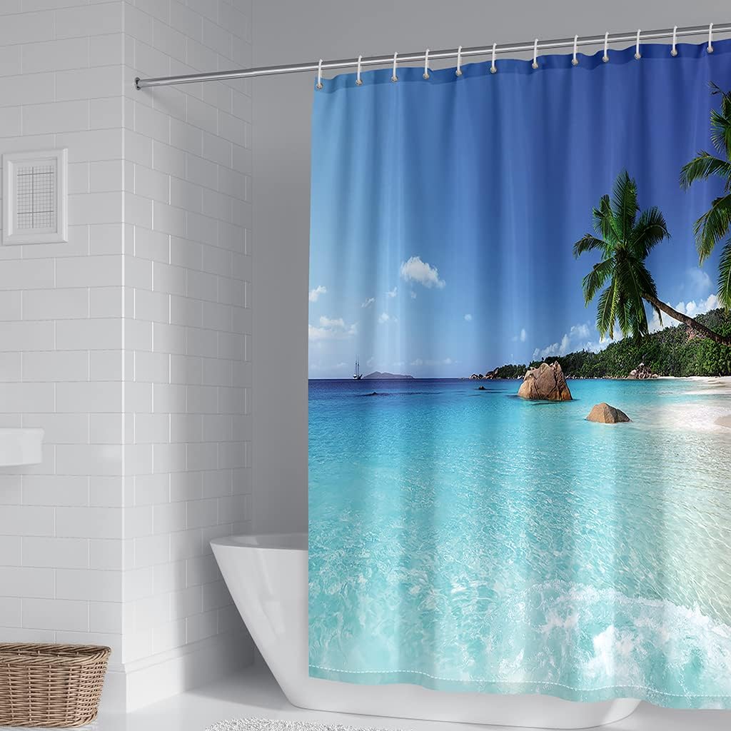 Hawaiian Seaview Shower Curtain Blue Holiday Theme Bathroom Decor Waterproof Fabric Curtain