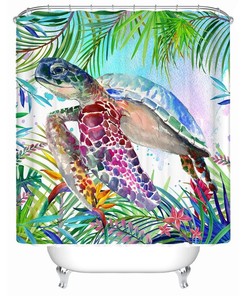 Hawaiian Style: Sea Turtle Shower Curtain for Palm Leaves and Flowers Bathroom Decor
